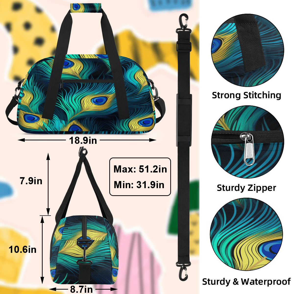 Herdesigns Peacock Bird Feathers Sports Duffle Bag for Women & Men, Gym Bag Dance Bag Overnight Bag Carry On Weekender Travel Bag