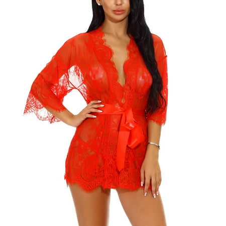 

Women Kimono Nightgown Lace Lingerie Robe Sexy Nightwear Mesh