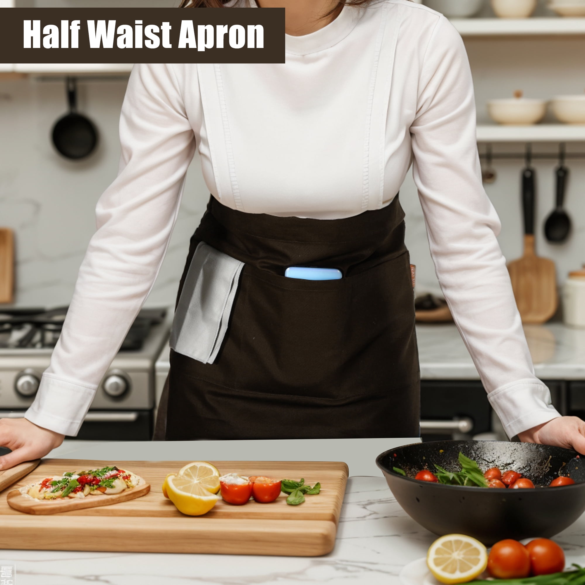 Unique Bargains Serving Cooking Versatile Waist Apron with Pockets Coffee Color