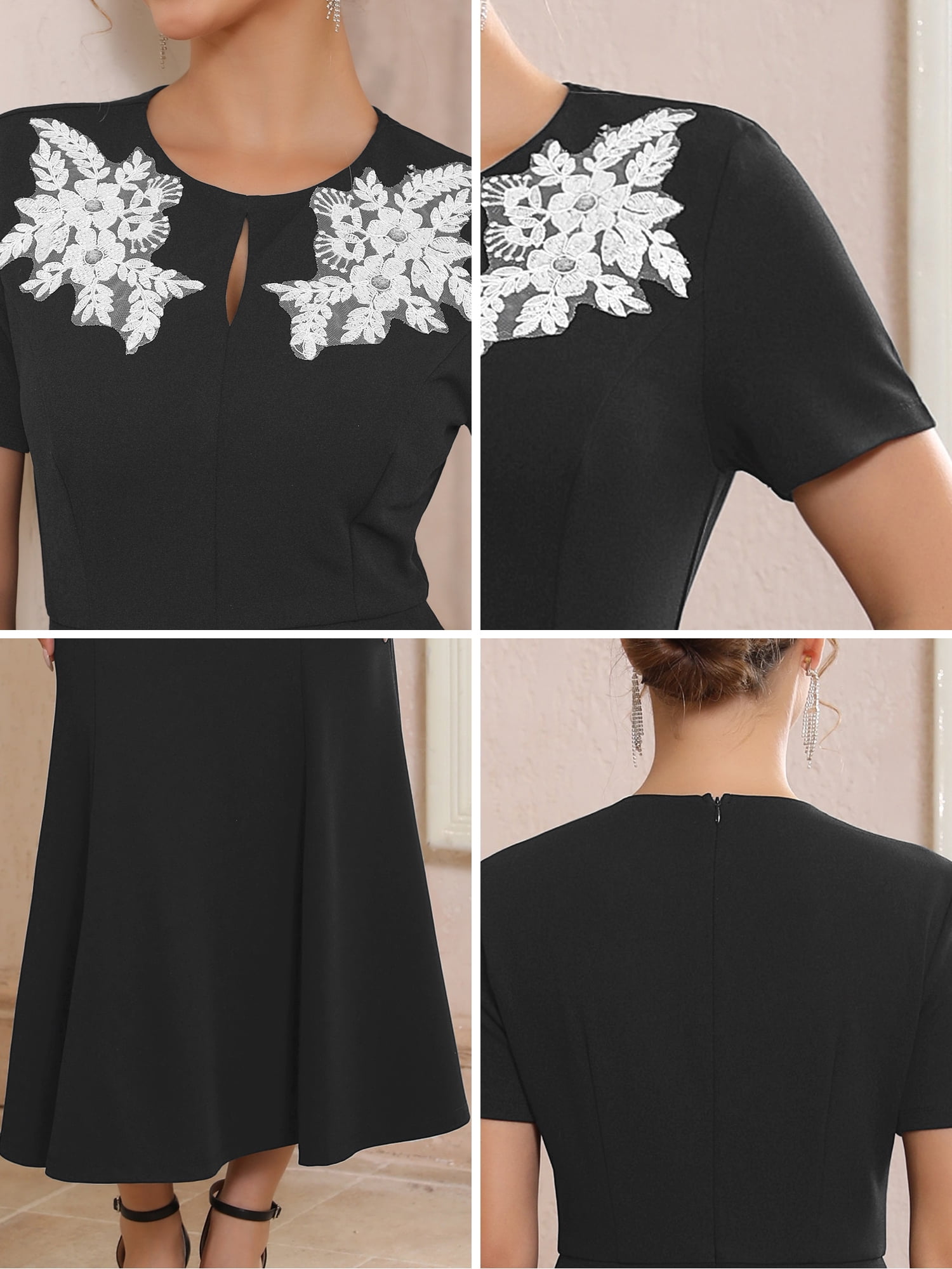 DARING DIVA Women's Lace Embroidered Crewneck Midi Dress for Wedding M Black