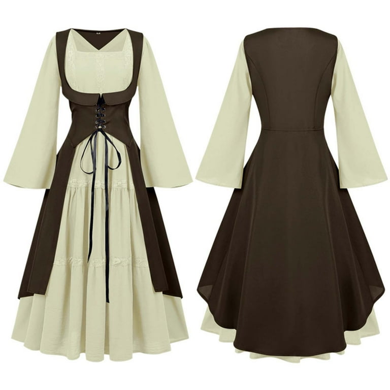 Tfeoqry Women's Medieval Dress Long Trumpet Sleeves Lace Up Corset Layered Skirt Renaissance Outfit Khaki, Size: Large, Brown Tfeoqry Women's Medieval Dress Long Trumpet Sleeves Lace Up Corset Layered Skirt Renaissance Outfit Khaki, Size: Large, Brown