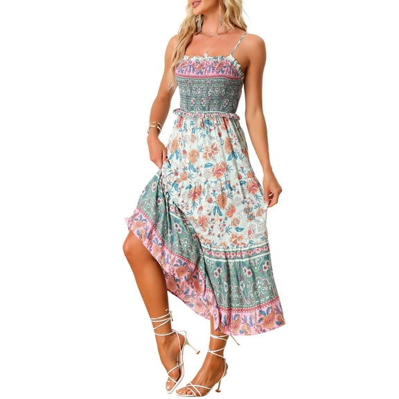 INSPIRE CHIC Women's Boho Floral Smocked Spaghetti Strap Tiered Maxi Dress XS Light Green