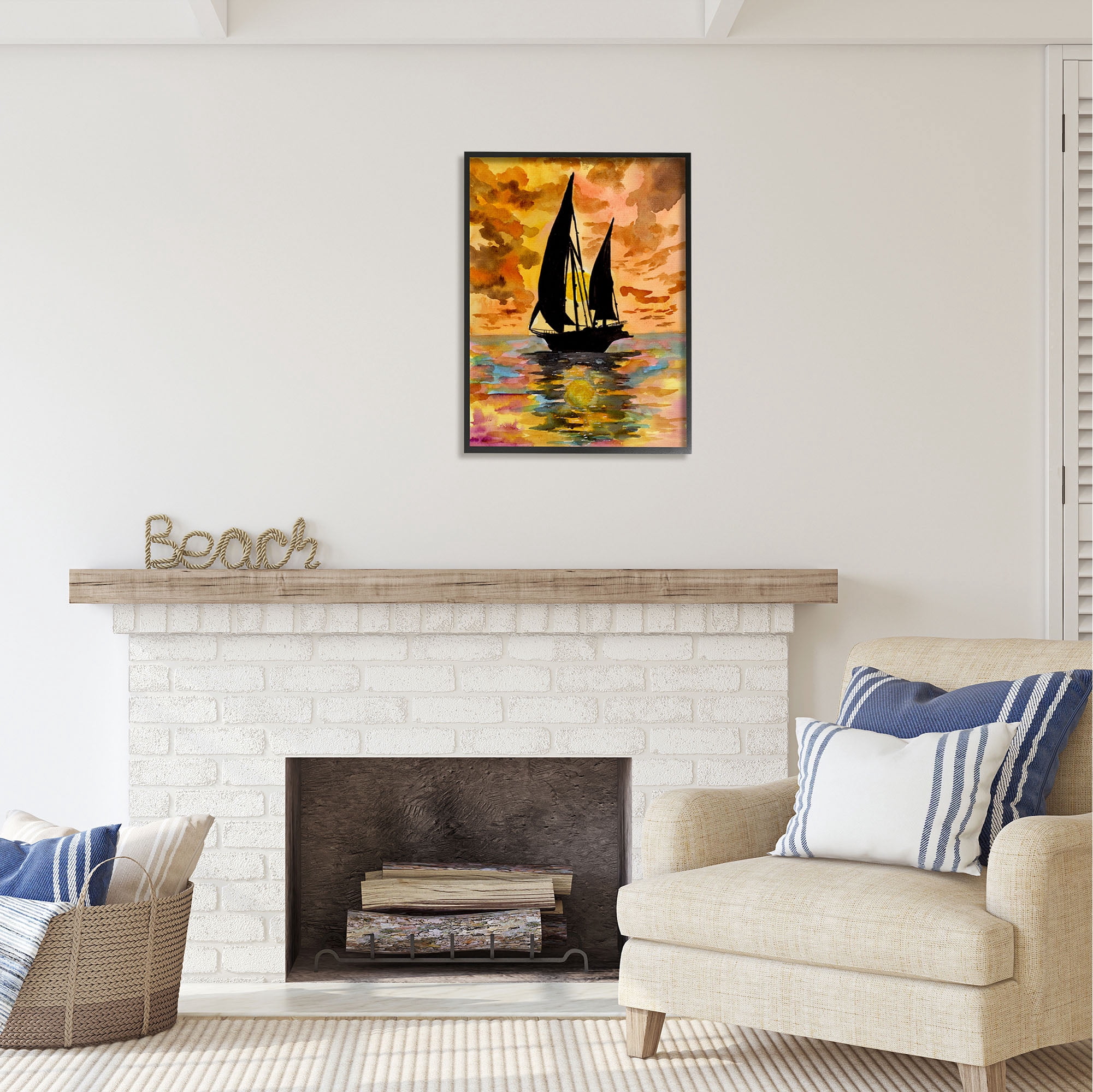 Stupell Industries Sailboat at Sunset Transportation Painting Black Framed Art Print Wall Art, 24 x 30