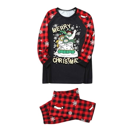 

aturustex Christmas Family Matching Pajamas Set Long Sleeve Snowman/Elk Print Tops +Plaid Pants