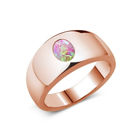 Pink Tourmaline Mens Ring - 1.05 Ct Oval Cabochon Pink Simulated Opal 18K Rose Gold Plated Silver Men's Ring