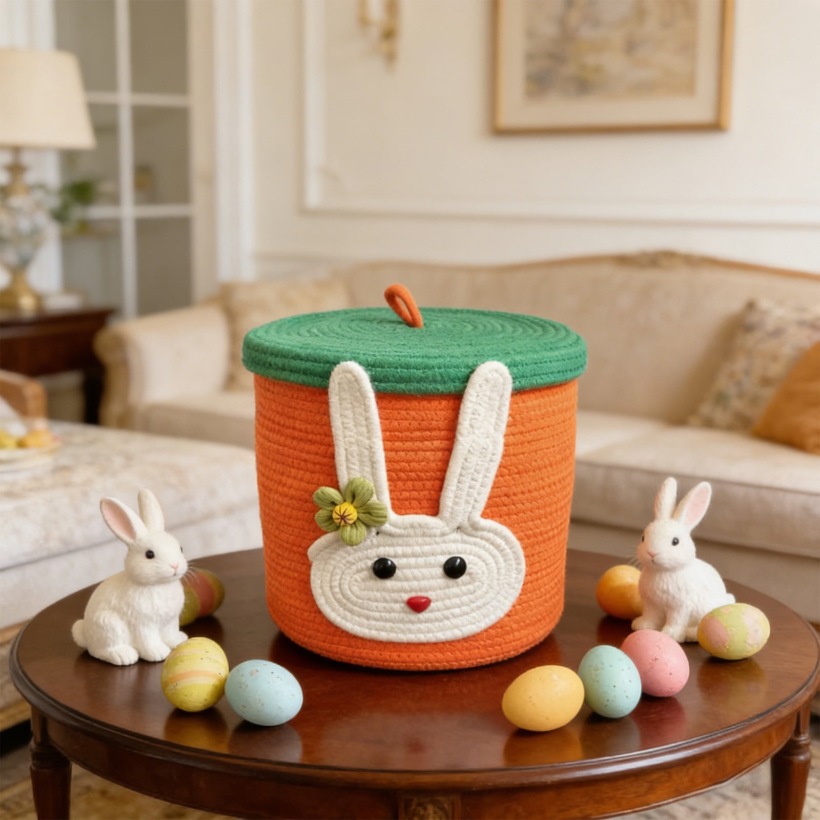 Tyidzon Easter Basket Rabbit Storage Basket with Protective Lid Handwoven Cotton Rope Style Easter Theme Storage Bin with 3D Bunny Ears for Candy Eggs Toys Home Organization