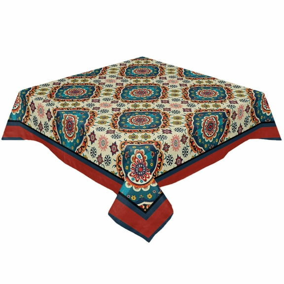 Oriental Boho Flower Square/Round Tablecloths 54x54,Tribal Patterns Ethnic Farmhouse Table Cloth Table Cover Indoor/Outdoor Tabletop Decor for Wedding Holiday Party Dinner Baby Shower