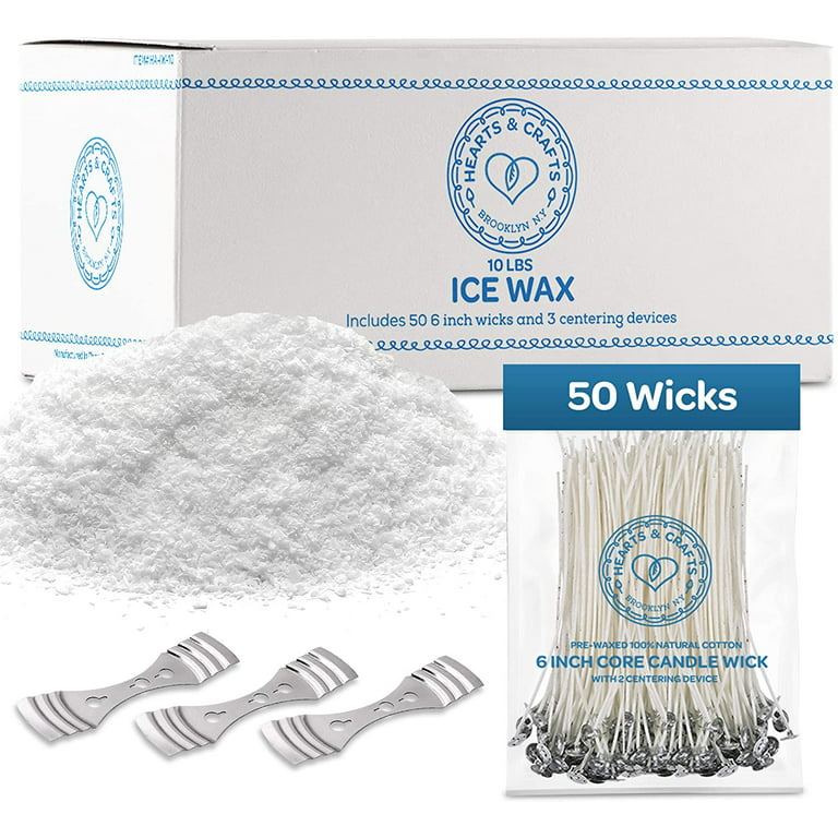 Hearts & Crafts Ice Candle Wax and Wicks for DIY Candle Making, All-Natural  - 10lb Bag with 50ct 6” Pre-Waxed Candle Wicks, 3 Centering Device