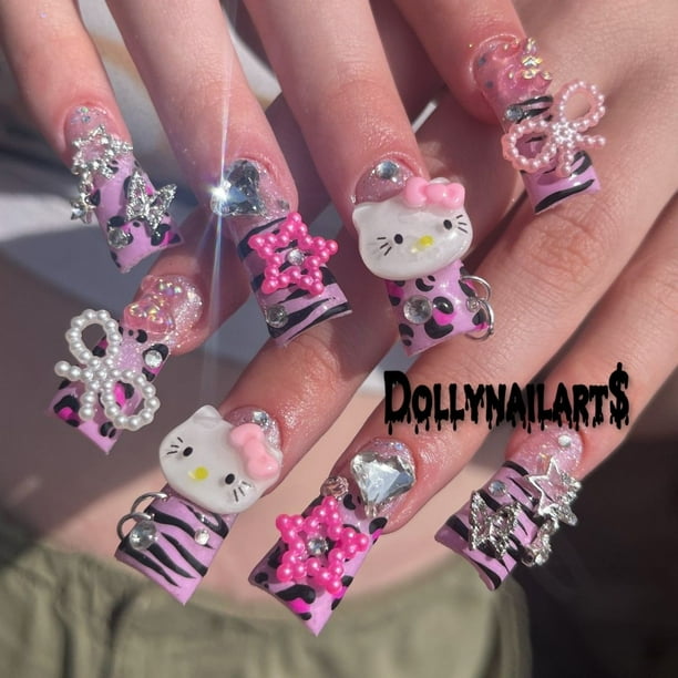 Uñas de pico de pato de Hello Kitty con diamantes brillantes, patrón de cebra pintado a mano europeo y americano, uñas bonitas hechas a mano para chicas calientes