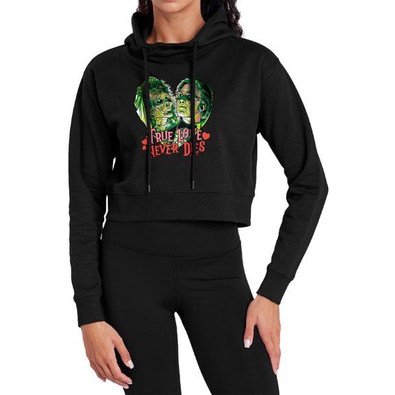 Beetlejuice Valentine True Love Never Dies Women's Cropped Hoodie Pullover Sweatshirt, Black, Small