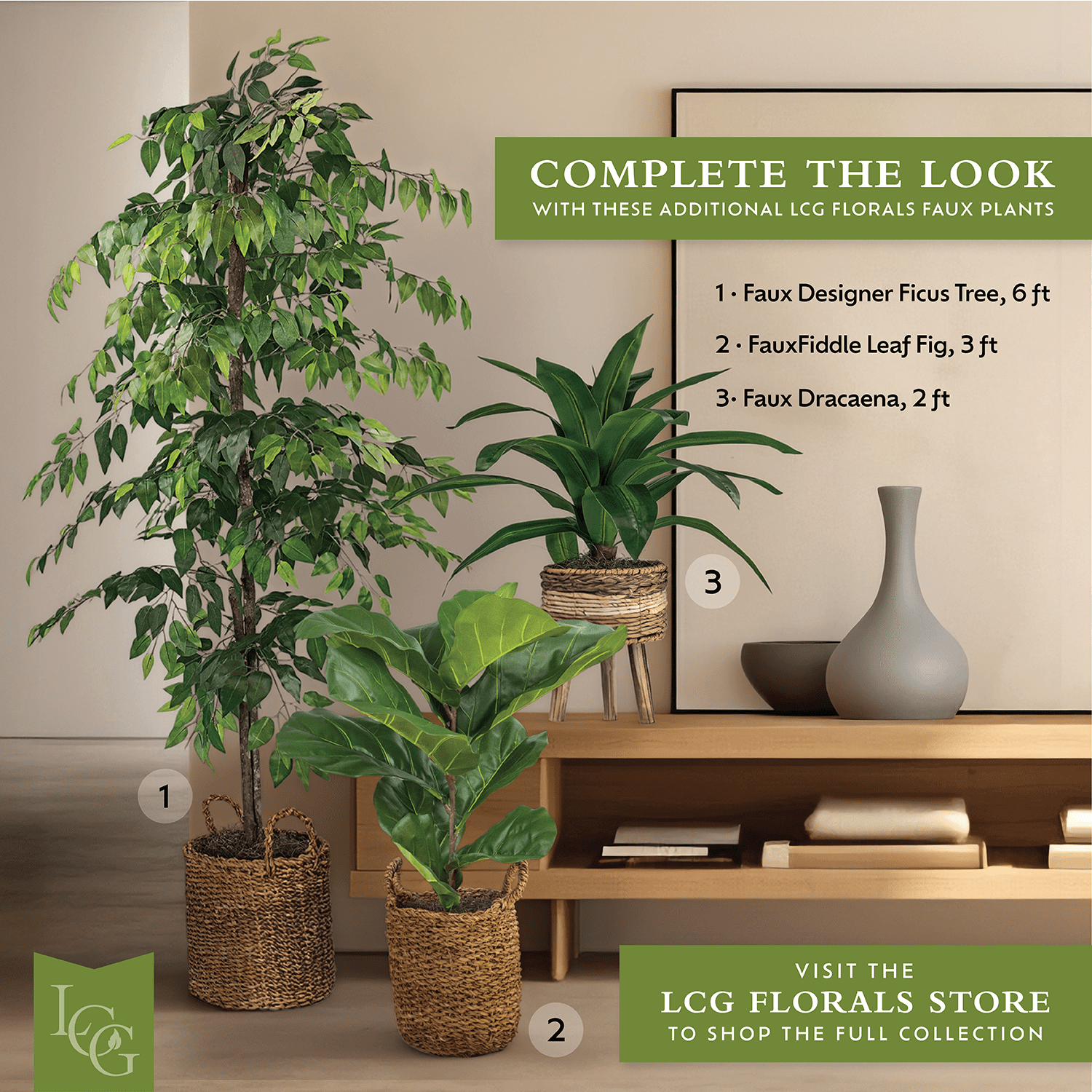 LCG Florals Artificial Tree, Faux Designer Ficus Tree, 6 ft (72in) in Handwoven Rattan Basket, Indoor Tree for Living Room, Office, & Home Decor