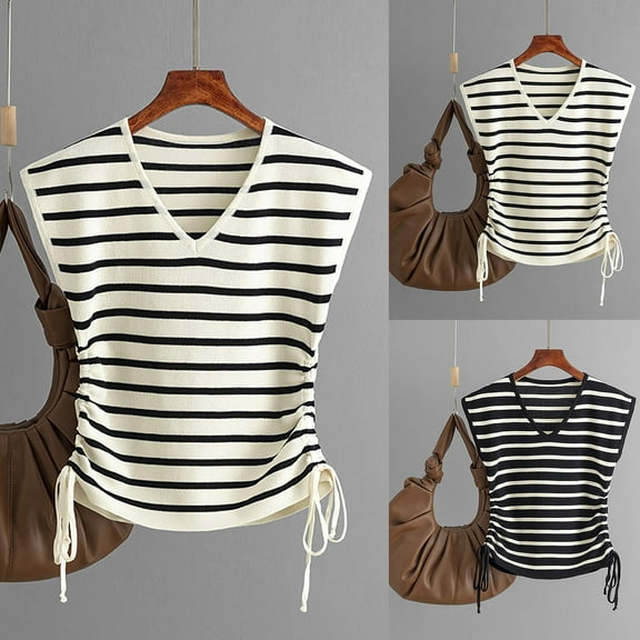 Jinhomg Cute Tank Tops for Women Casual Cap Sleeve Striped Print Summer Shirts Loose Fit Comfy Sleeveless V-Neck Tanks Fashion Everyday Tanks Holiday White Free Size