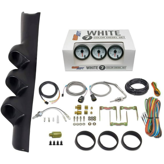 GlowShift | 2nd Gen 1994-1997 Dodge Ram 5.9 Cummins Black Triple Pillar Pod with White 7 Color Series 60 PSI Boost Gauge, 2400 Pyrometer EGT Gauge & Trans Temp Gauge