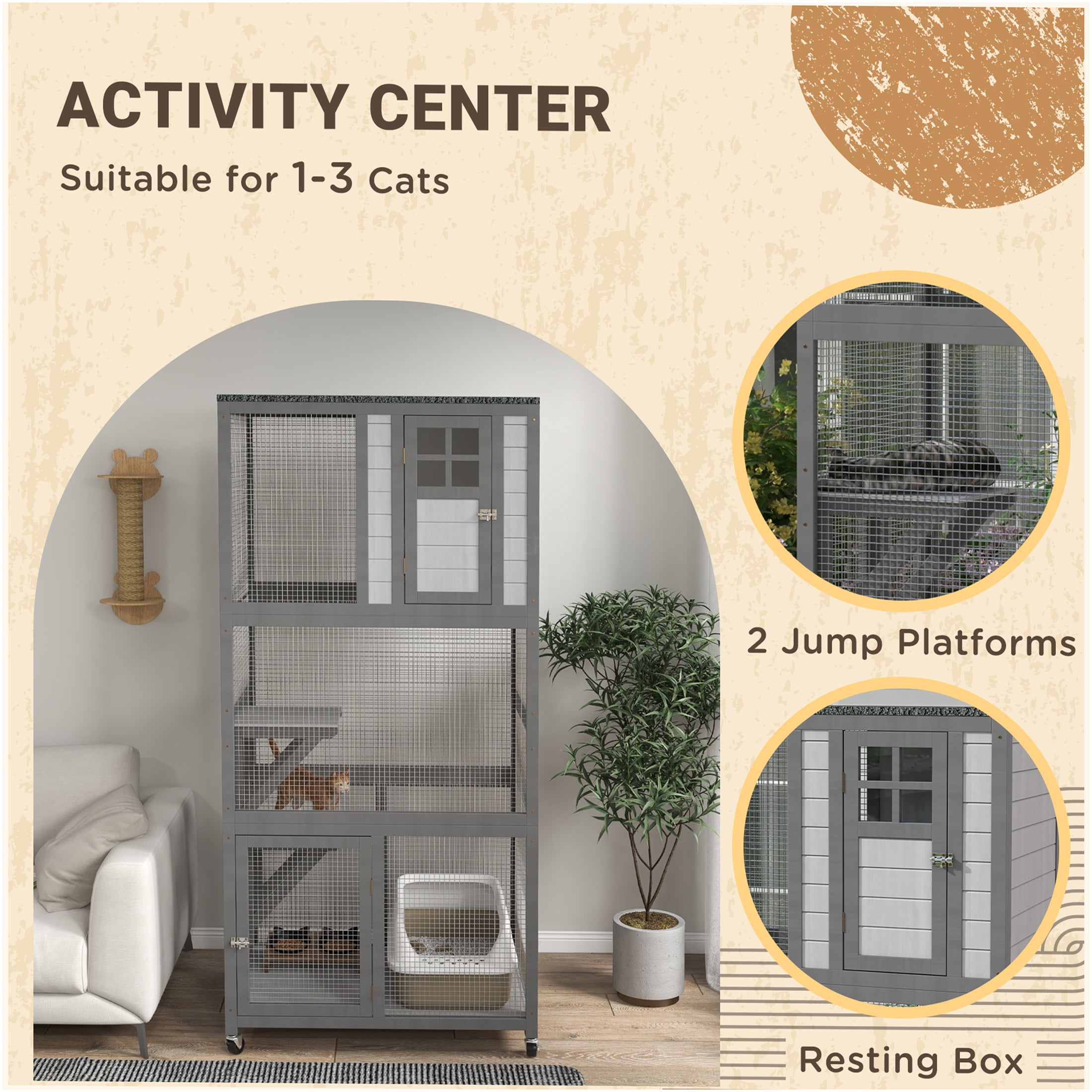 JERFIT 74" Outdoor Wooden Cat House Enclosure with Wheels, Weatherproof Large Catio Cage Condo for Indoor Outside Use, Light Gray