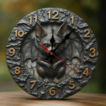 Wall Clock Decorative - Retro Black Bat Print 2D Vintage Wall Clocks Battery Operated Silent Non-Ticking for Bedroom, Living Room, Kitchen, Office, Classroom, 10 Inch
