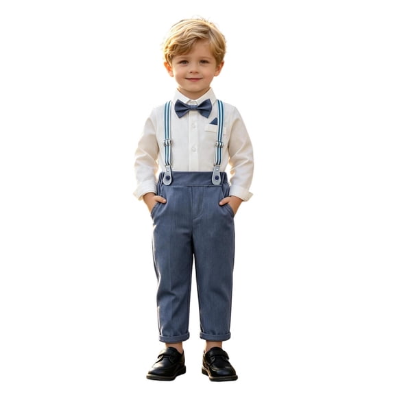RMGVDSD Toddler Baby Boys Clothes Set Formal Long Sleeve Dress Shirt with Bowtie Suspender Pants Outfit Sets for Birthday Wedding Party 18-24 Months