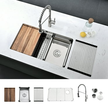 30 Inch Stainless Steel Single Bowl Undermount Workstation Double Ledges Kitchen Sink With Faucet and Sliding Accessories