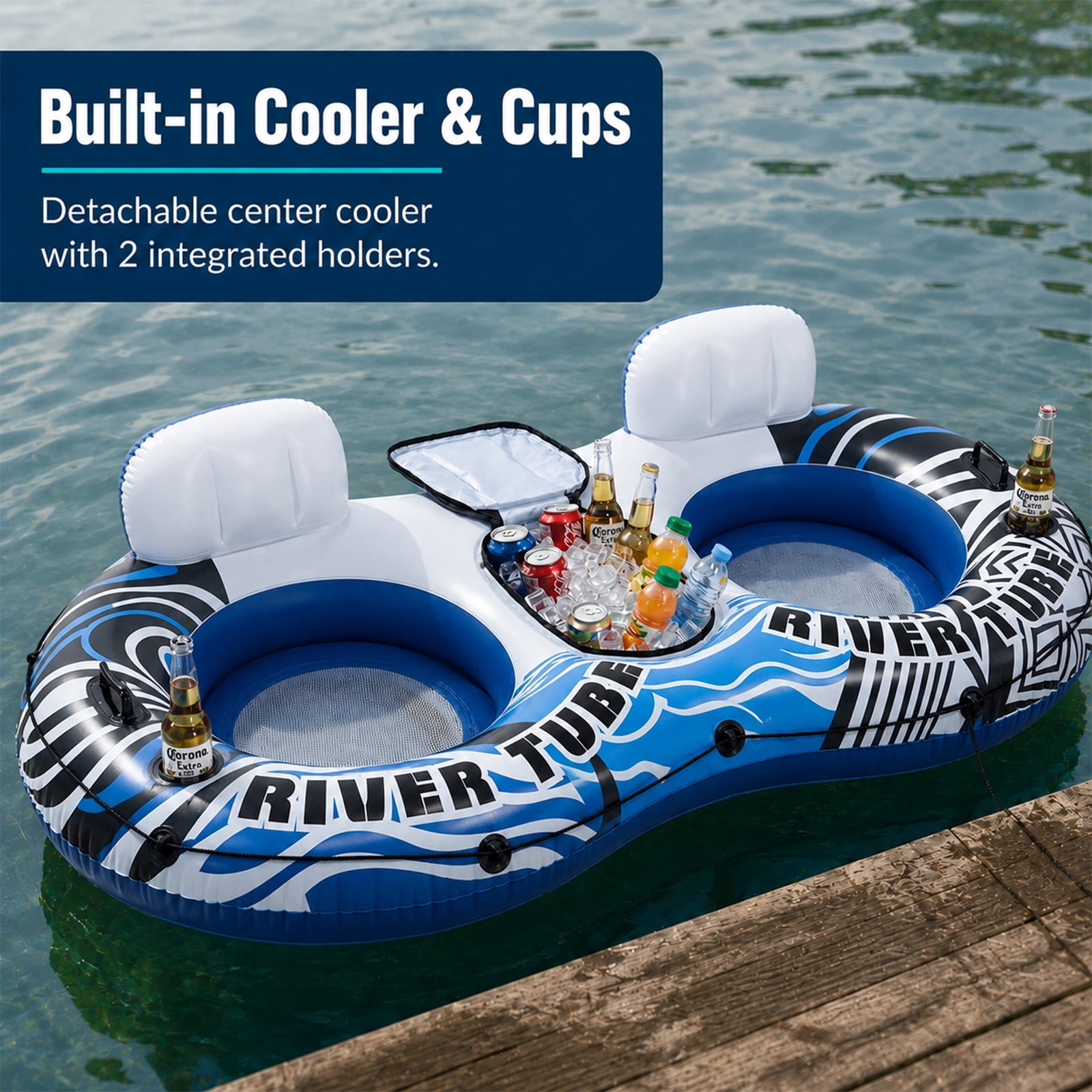 Alvantor 2 Person Inflatable River Tube Float, Heavy Duty River Float for Adults with Removable Cooler, Cup Holders, Durable Handles & GRAP Rope for Family Pool