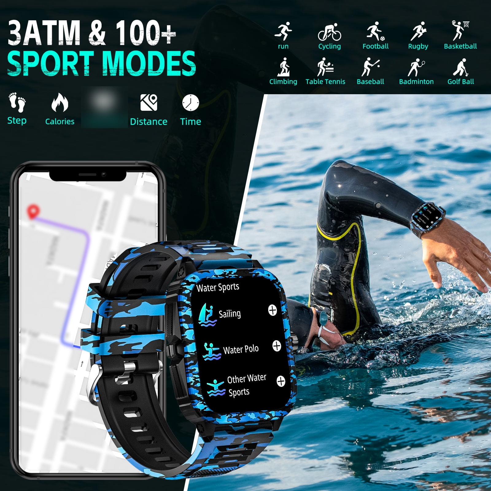 EIGIIS KT71 Smart Watch for Men, 1.96'' Big Screen 3ATM Waterproof Rugged Outdoor Smartwatch with Sports Swimming Watch for Android iOS, 1pc