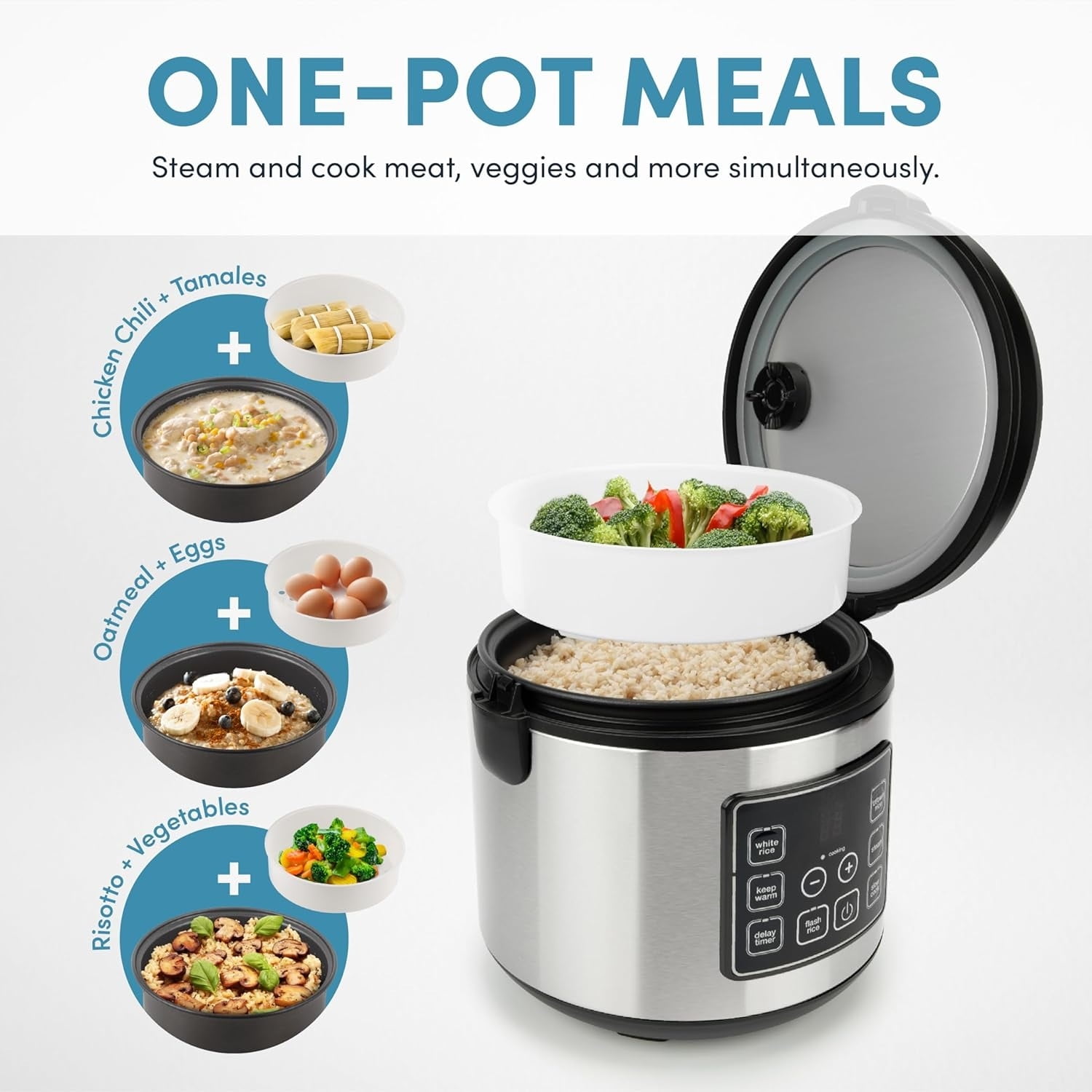 Housewares 20 Cup Cooked (10 cup uncooked) Digital Rice Cooker, Slow Cooker, Food Steamer, SS Exterior ,Black