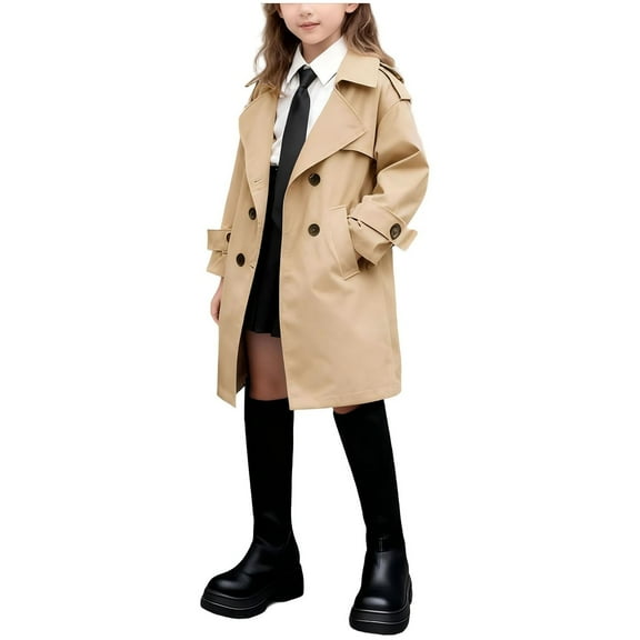 Cethrio Girls Trench Coats Size 14-16, Mid-length Double Breasted Loose Fit Casual School Uniform Jackets Khaki