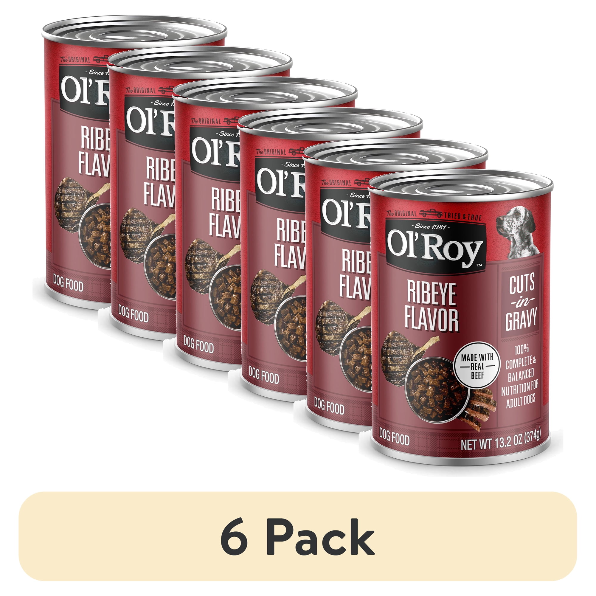 (6 pack) Ol' Roy Ribeye Flavor Cuts in Gravy Wet Dog Food for Adult Dogs, 13.2 oz Can