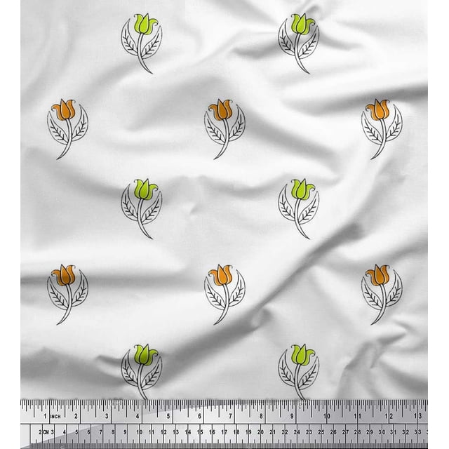 Soimoi Moss Georgette Fabric Leaves & Floral Block Printed Craft Fabric by The Yard 42 Inch Wide