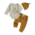 thumbnail image 5 of Gvdentm Newborn Baby Boy Clothes Long Sleeves Letter Print Romper Long Pants Hat 3Pcs Outfits Set(Beige,0-3 Months), 5 of 5