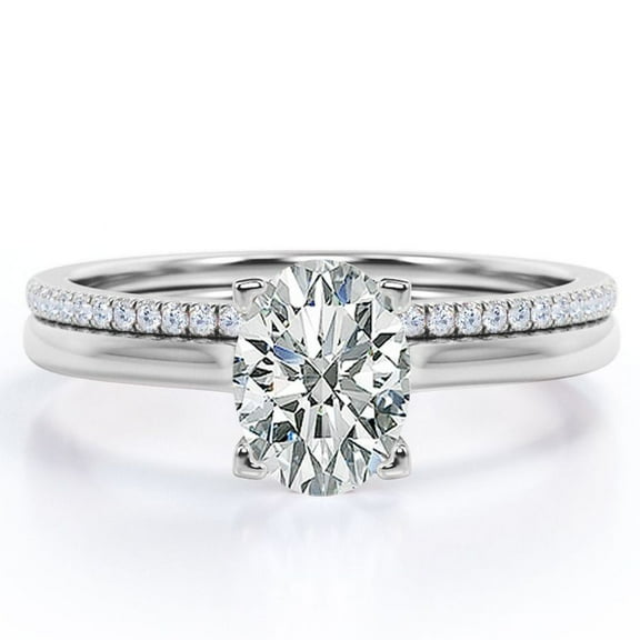 JeenMata 1.25 Carat Oval Cut - Pave Accented Shank - Prong - Wedding Ring Set - 18K White Gold Plating over Silver (CUSTOMIZE YOUR WEDDING RING BAND)