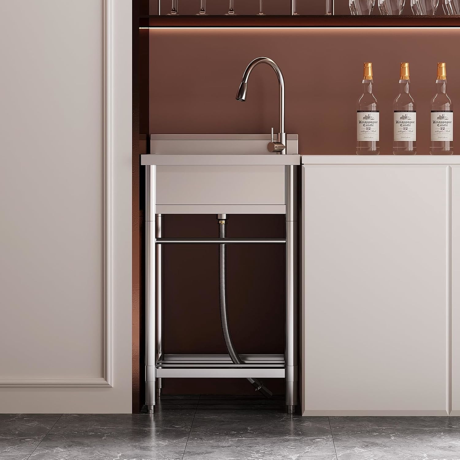 AOILE Free Standing Stainless Steel Sink, Utility Sink with Faucet & Storage Shelf for Kitchen, Garage