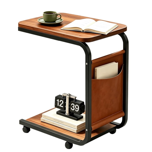 Blingluck Multi-Purpose Storage and With Wheels C Shape End Table, Brown