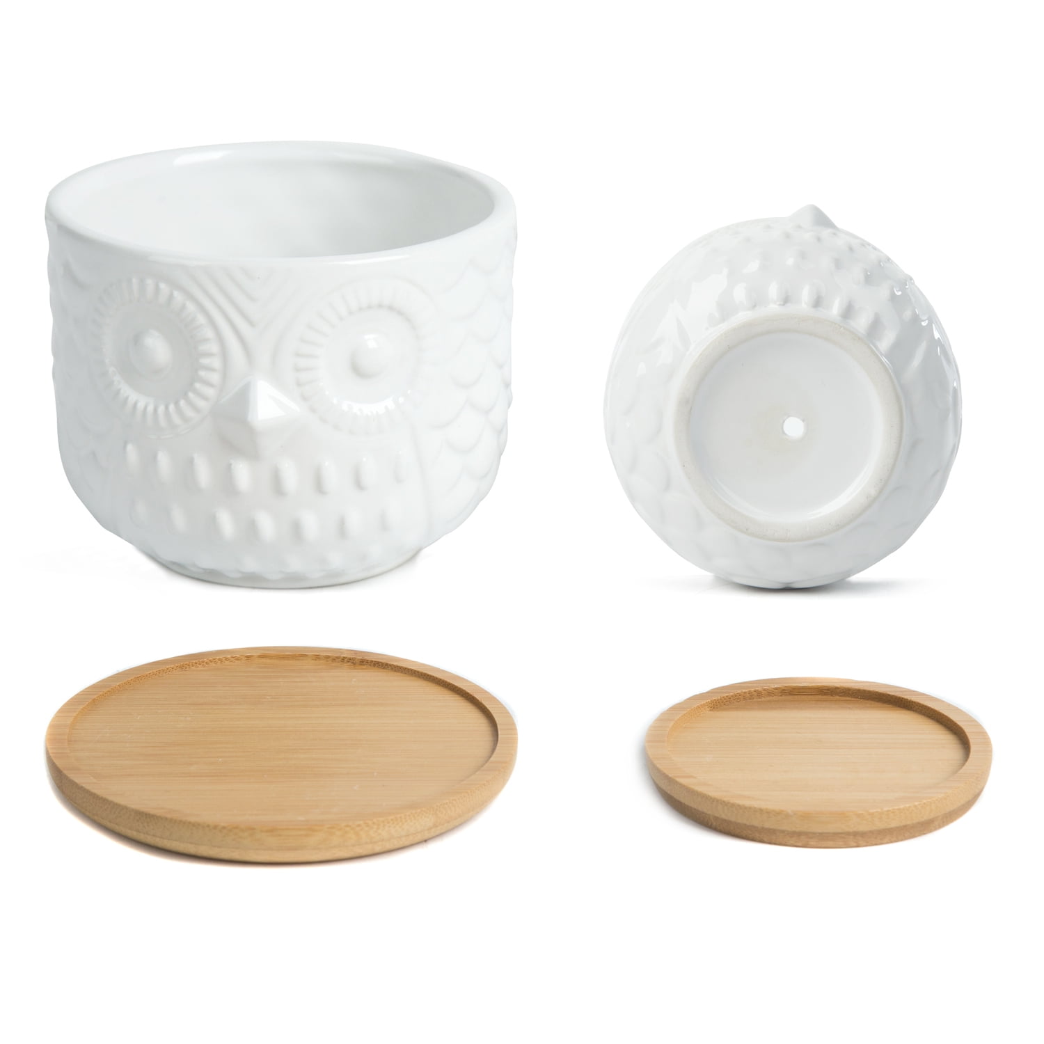 K-Cliffs Owl Succulent Planter, Animal  Pots with Drainage Hole and Bamboo Saucer, Set of 2, Color; White
