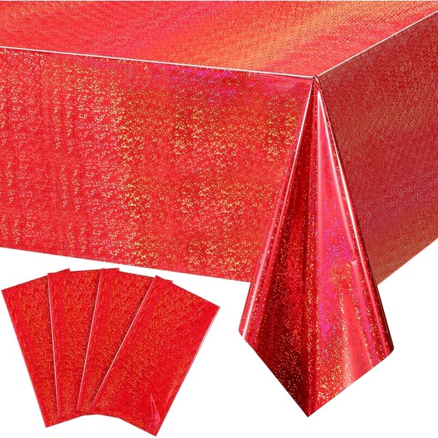 LAICAIW 4 Pack Iridescence Red Plastic Tablecloths Shiny Disposable Laser Rectangle Table Covers Holographic Foil Tablecloth Iridescent Party Decoration Birthday Bridal Wedding Christmas 54" x 108"(