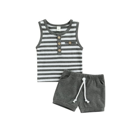 

TheFound 2pcs Baby Boys Casual Clothes Sets Sleeveless Striped Printed Pocket Vest Tops+Elastic Shorts Clothing