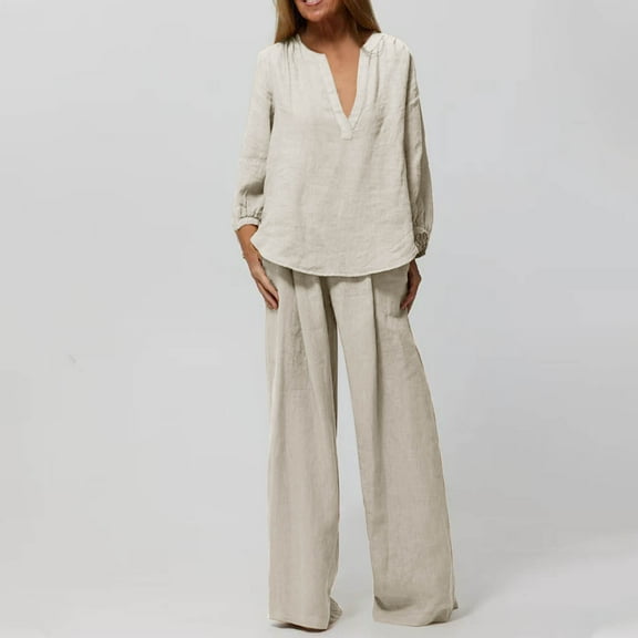 Abomasnow Womens Cotton Linen Set 2 Piece Outfits Casual Fall Lightweight Shirts and Wide Leg Pants Loose Loungewear Matching Sets