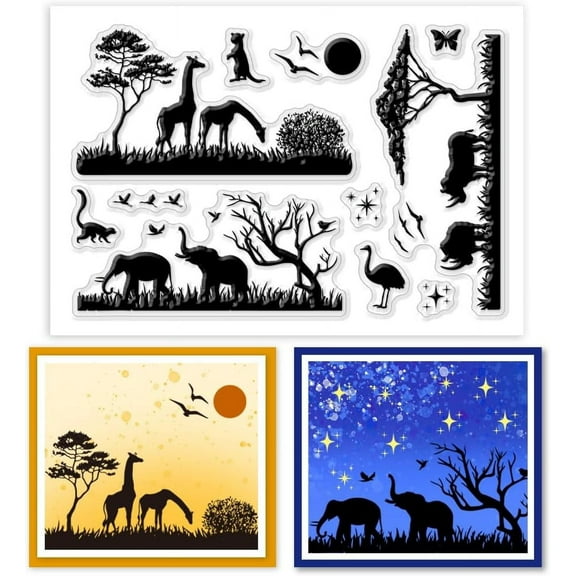 Clear Stamps Animals Silicone Stamp Giraffe Birds Trees Elephant Clear Stamps for Card Making Rubber Stamps Seal for Crafting Scrapbooking Embossing Photo Album DIY Decoration DIY