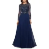 Xscape Petite Mesh-Sleeve Embellished Gown Dress, Navy, 4 P