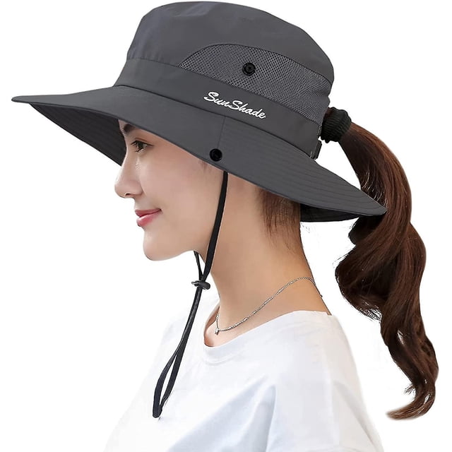 Sombrero para el sol con cola de caballo para mujer Protección ultravioleta Malla plegable Sombrero de pesca en la playa de ala ancha Afortunado Sencillez