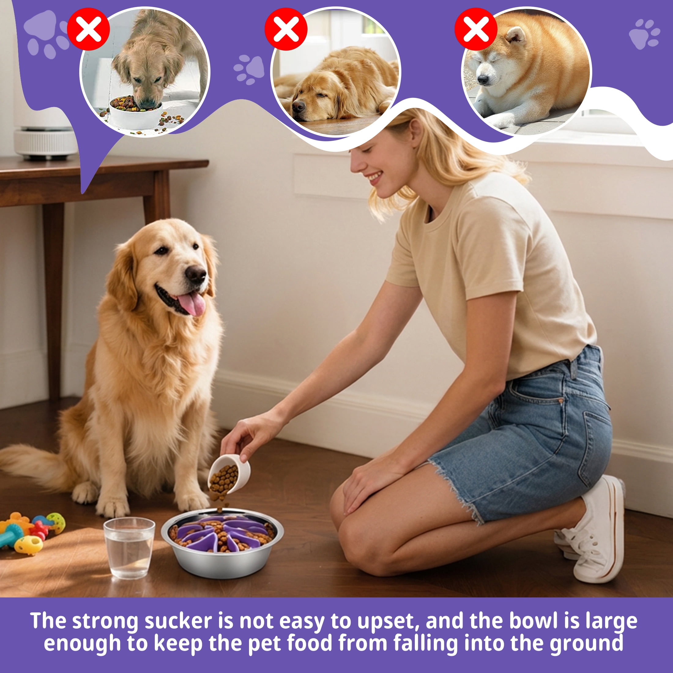 Silicone Slow Feeder Dog Bowl Insert, Large Size Purple with Strong Suction Cups, Universal for Stainless Steel, Glass & Ceramic Dog Bowls