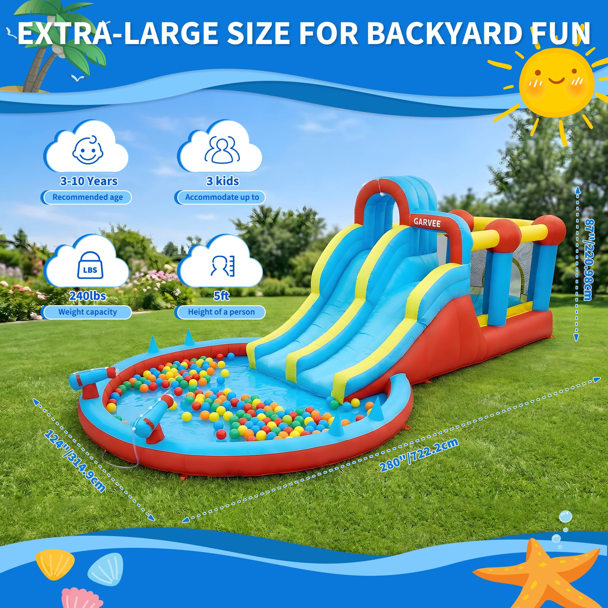 Kicctian 23 ft Inflatable Water Slide Park, 6 in 1 Inflatable Water Bounce House, Jumping Castle with Slide,Water Squirter, Trampoline, Climbing Wall, Perfect for Kids Indoor Outdoor Play