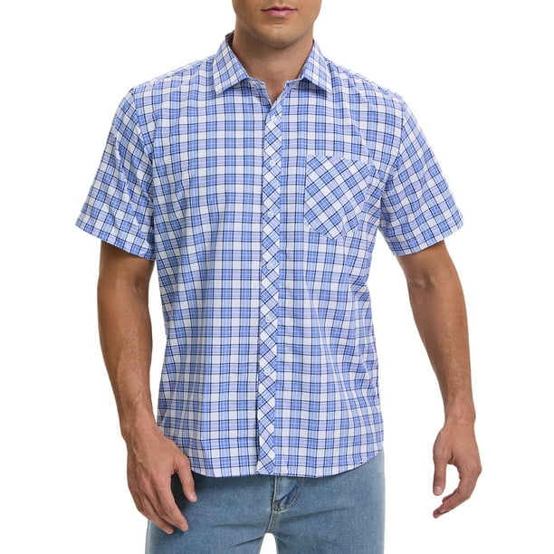 Camisas de cuadros para hombres INSPIRE CHIC de manga corta, con botones, clásicas, de vestir, en azul marino y blanco