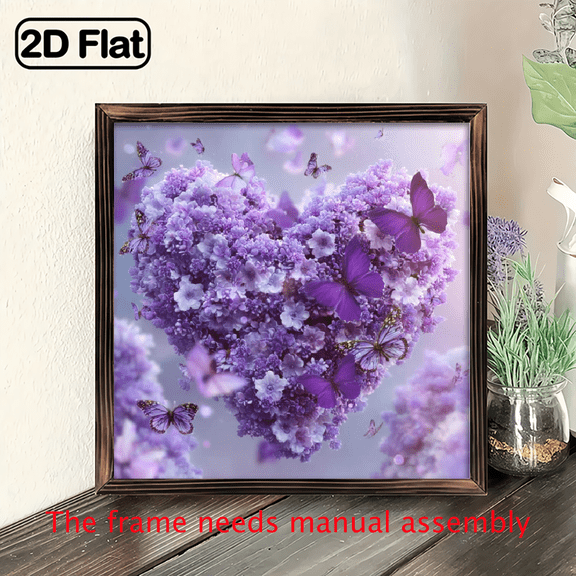 1pc Vintage Floral Heart Art with Wooden Frame - Purple Lilac Butterfly Design, Romantic Home Decor for Living Room, Bedroom, Kitchen, Bathroom - Ideal Gift for festival.8*8in
