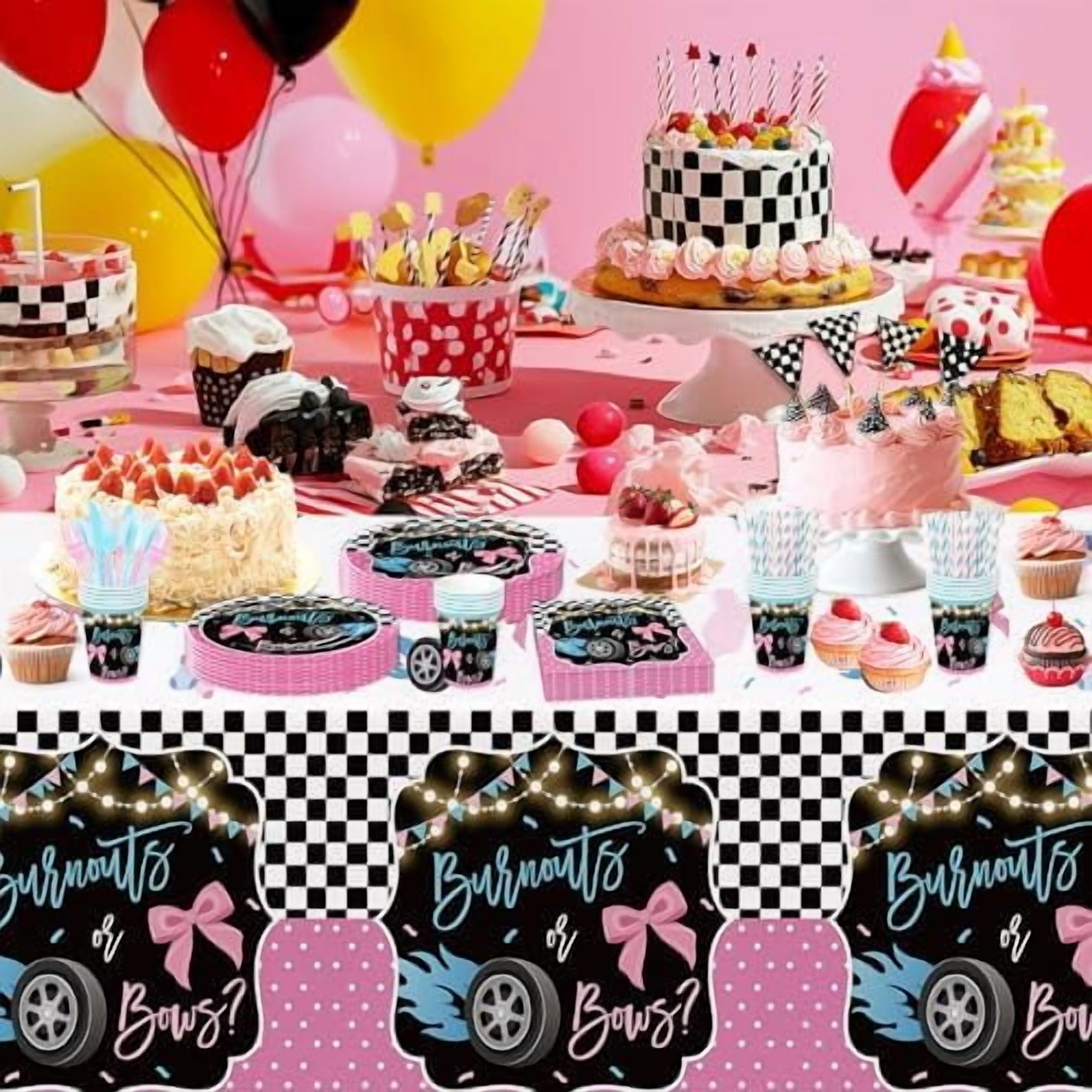 Burnouts or Bows Gender Reveal Decorations Tableware, Boy or Girl Gender Reveal Party Supplies, Plate, Cup, Napkin, Cutlery, Tablecloth, Race Car vs Bows Baby Shower Decorations, Serves 24$$