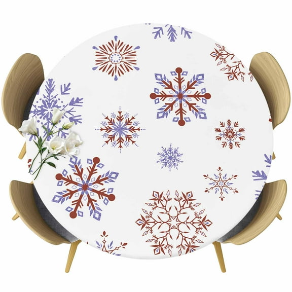 Red Purple Snowflake Christmas Round Tablecloth 55-60 Inch Round Fitted Table Cloth with Elastic Edge, Xmas Snowflake Waterproof Table Cover Protector for Outdoor Picnic Party Dining
