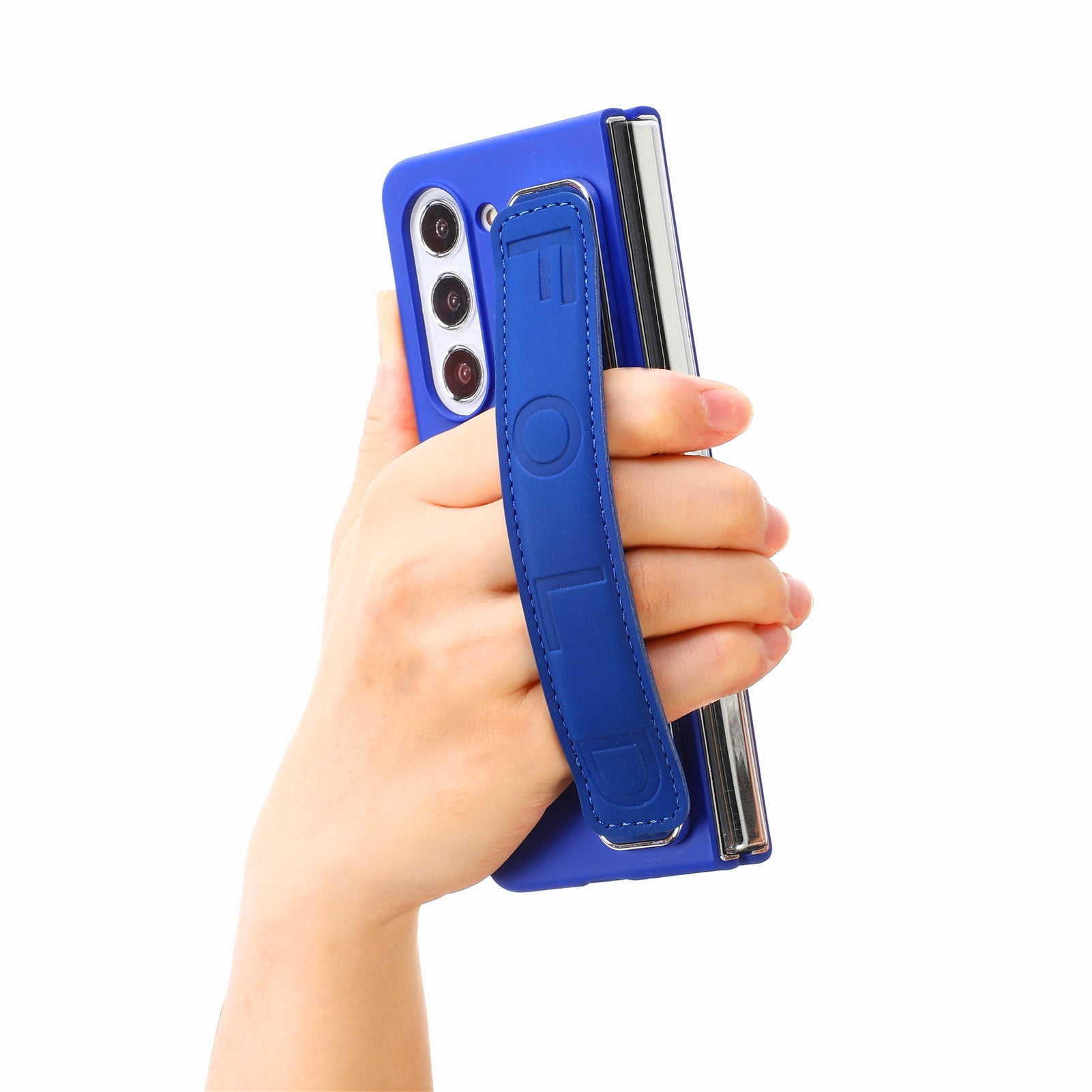 for Samsung Galaxy Z Fold 5 Case with Strap, [Non Slip Silicone Touch] Slim Protective Phone Case with Elastic Finger Wristband, Shockproof PC Cover for Samsung Galaxy Z Fold 5 2023 - Blue