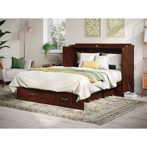 AFI Aspen Queen Solid Wood Murphy Bed Chest with Mattress in Walnut