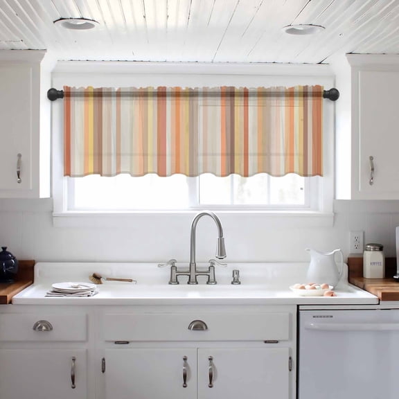 Burnt Orange Striped Valance Curtains for Kitchen/Living Room/Bathroom/Bedroom Window, Farmhouse Orange Ombre Stripes Rod Pocket Small Topper Half Short Window Curtains Voile Sheer Scarf 42"x12"