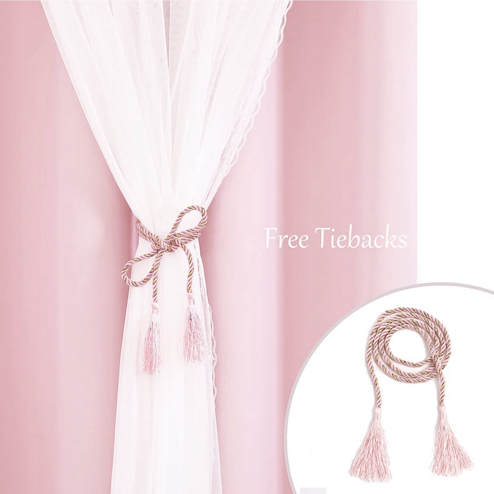 Pink Curtains 63 Inch Long- Blackout Curtains with Voile Sheer Drapes Thermal Pink Window Treatments with Tie-Backs for Kids/Girls Bedroom Nursery Living Room, Elegant, 1 Panel