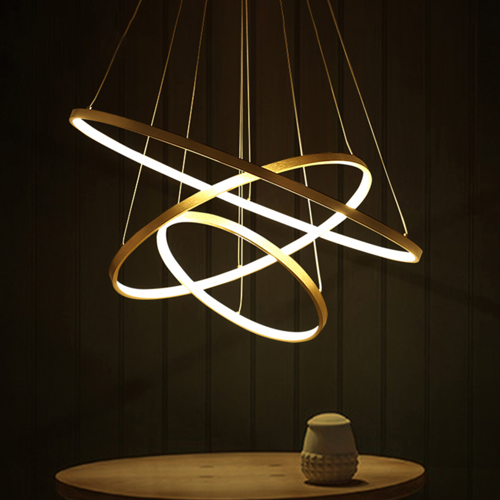 Modern LED Ceiling Lamp Adjustable Circular Ring Chandelier Lamp Gold Pendant Light Fixture for Kitchen Bedroom Dining Room- White Light Large(23"+31"+39")