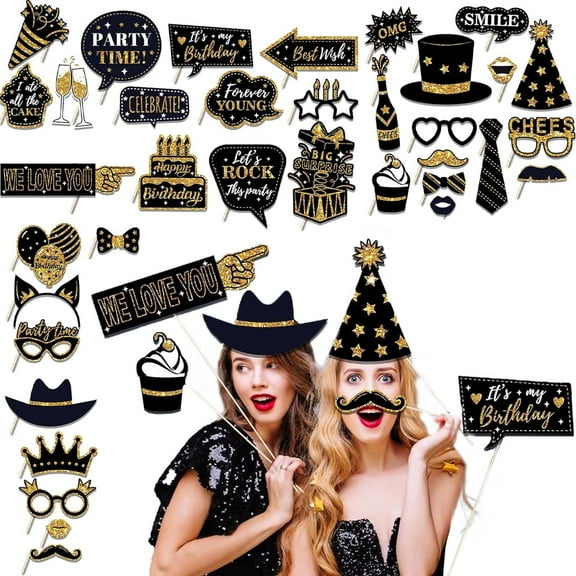 Party Decorations Clearance! 8.5 36 Pieces Black Golden Photo Booth Props for Birthday Wedding New Year Mix of Hats Lipstick Tie Crowns and More Funny Selfie Props